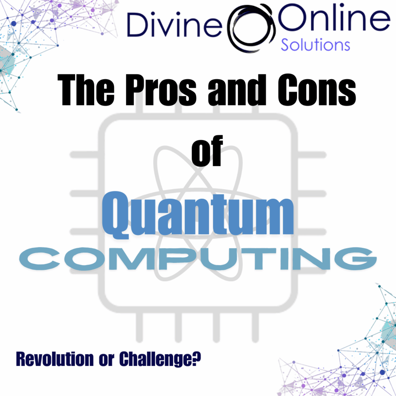 Quantum Computing. The Pros And Cons. depicted with a quantum mechanics cymbol