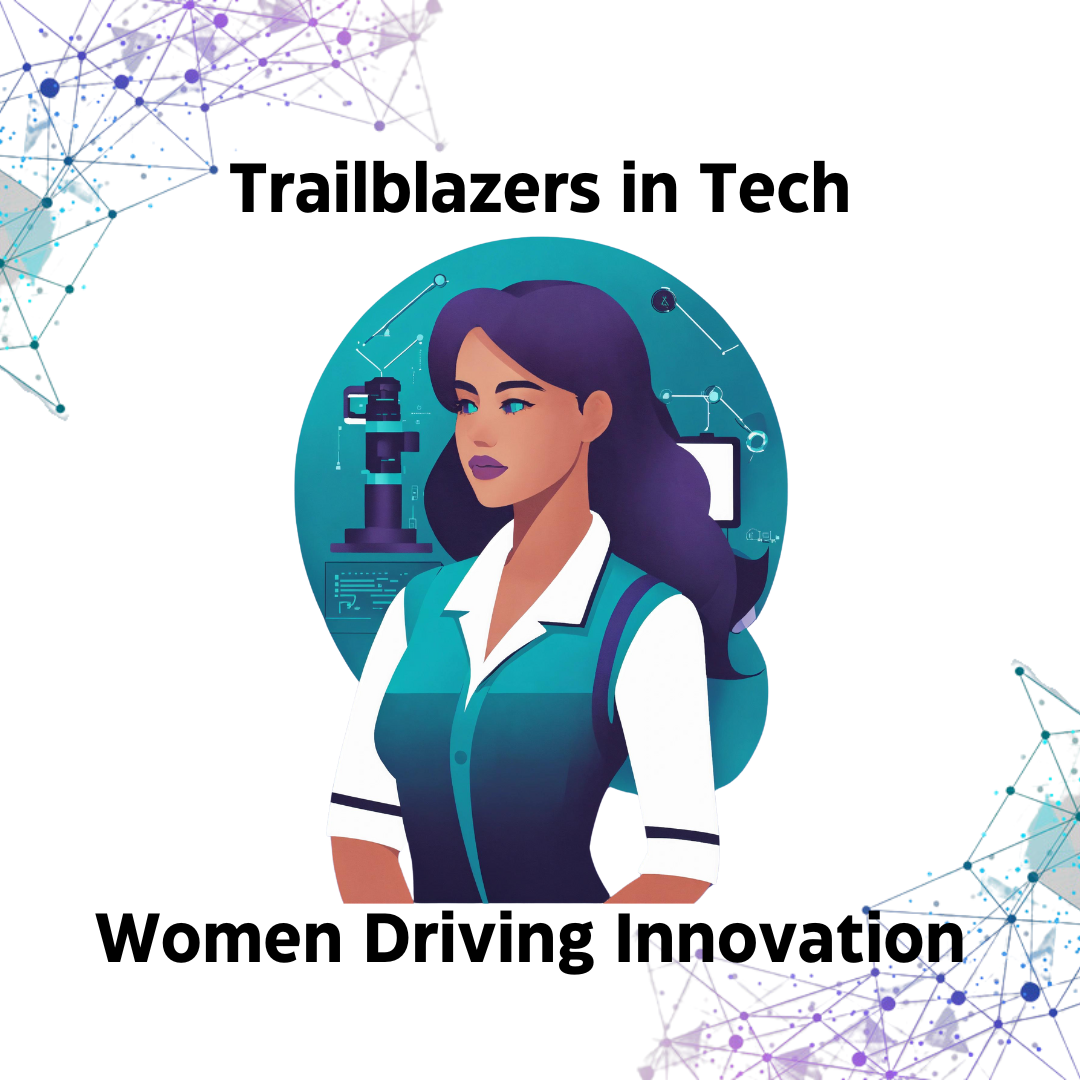 Trailblazers in Tech illustrated by blue eyed Women Driving Innovation in front of blue IT equipment